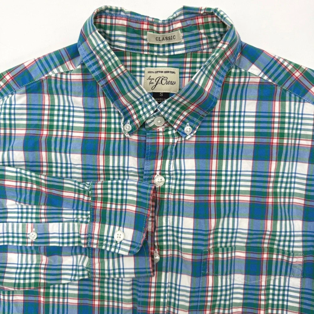 J.Crew Button Down Mens Small Blue Green Plaid Classic Fit Cotton Shirt Casual